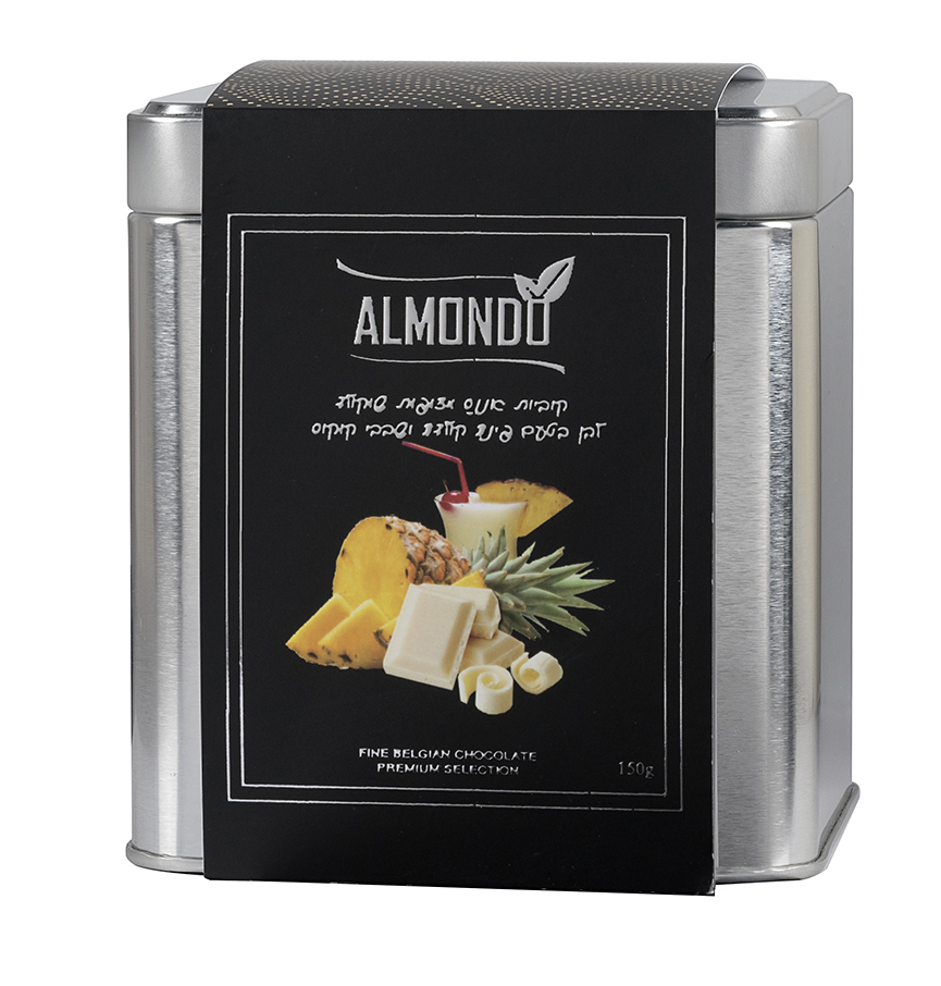 בונבוניירה קופסת פח - קוביות אננס בשוקולד לבן ופינה קולדה 150 גר' 1/9